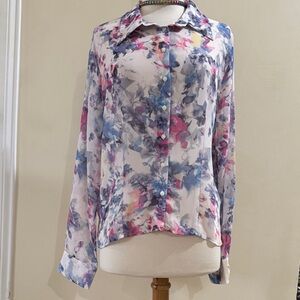 Violet & Claire White Floral Button-Down Blouse with Pink & Blue Accents